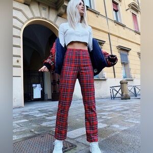John Galt Brandy Melville Red Plaid‎ Pants High Waist Straight Leg